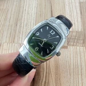 SF ladies silver tone black cuff bracelet watch NEW BATTERY